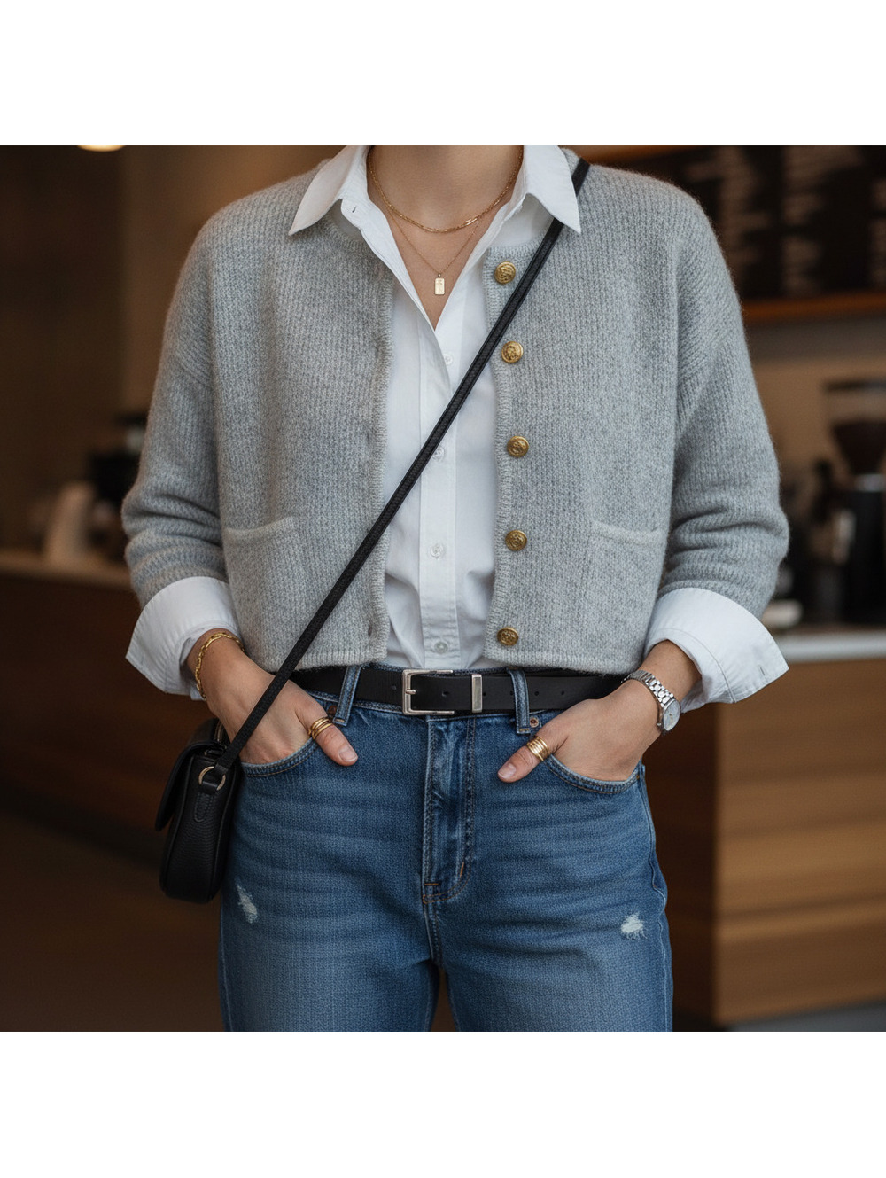 GAP Cropped Cardigan Sweater L Boulce Light Gray Wool Blend Gold Buttons
